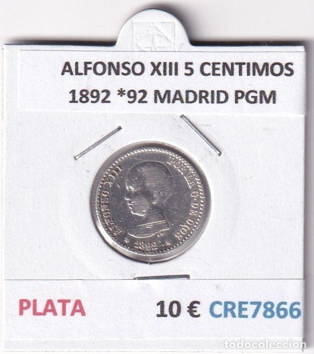 Moedas de Espanha: CRE7866 MONEDA ESPA&Ntilde;A ALFONSO XIII 5 CTS 1892 *92 MADRID PGM PLATA