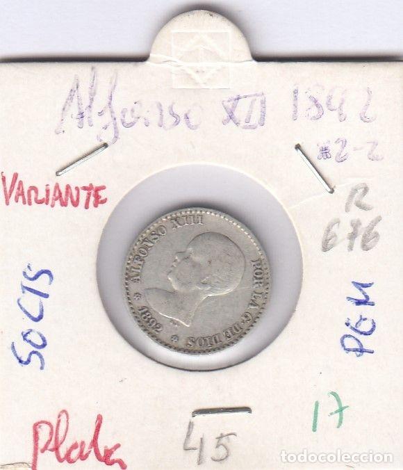 Monnaies d'Espagne: CRE0017 MONEDA ESPA&Ntilde;A ALFONSO XIII 1892 2-2 VARIANTE PGM 50 CTS PLATA
