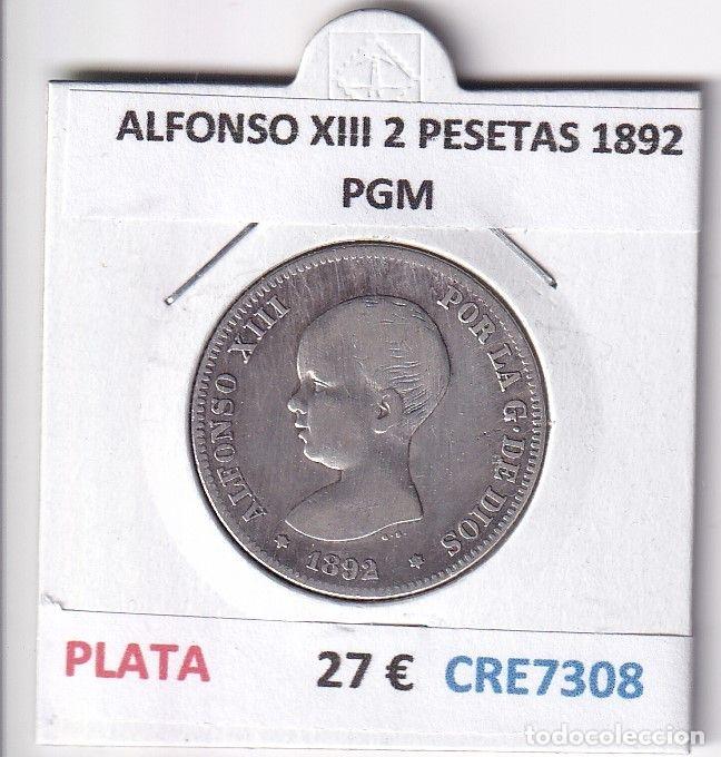 Monedas de Espa&ntilde;a: CRE7308 MONEDA ESPA&Ntilde;A ALFONSO XIII 2 PESETAS 1892 PGM PLATA