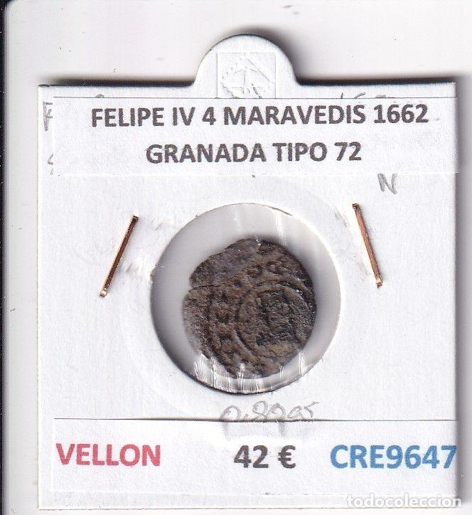Coins of Spain: CRE9647 MONEDA ESPA&Ntilde;A FELIPE IV 4 MARAVEDIS 1662 GRANADA TIPO 72 VELLON