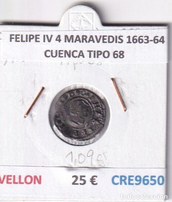 Coins of Spain: CRE9650 MONEDA ESPA&Ntilde;A FELIPE IV 4 MARAVEDIS 1663-64 CUENCA TIPO 68 VELLON
