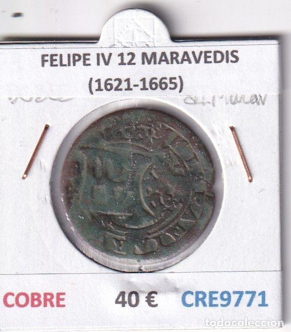 Coins of Spain: CRE9771 MONEDA ESPA&Ntilde;A FELIPE IV 12 MARAVEDIS (1621-1665) DOBLE RESELLO MONOGRAMA COBRE