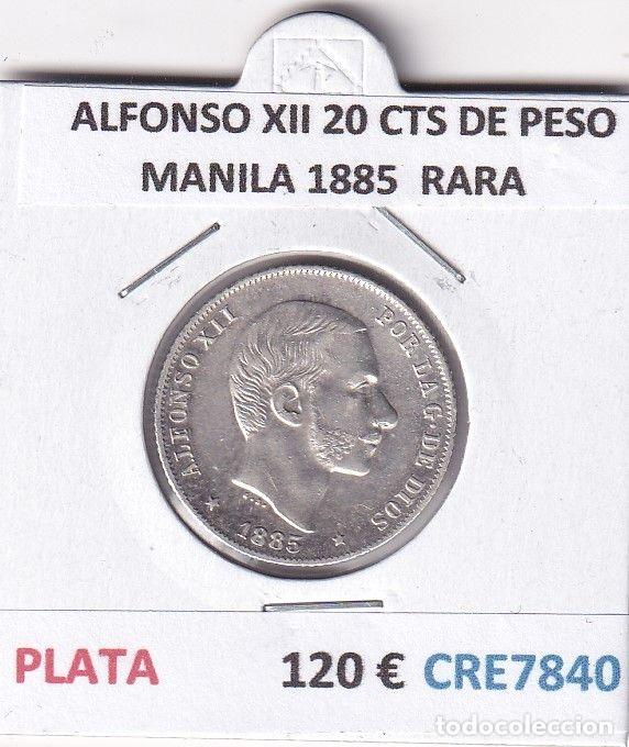 Coins of Spain: CRE7840 MONEDA ESPA&Ntilde;A ALFONSO XII 20 CTS DE PESO MANILA 1885 PLATA RARA