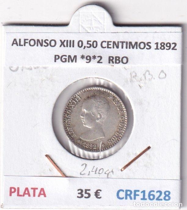 Moedas de Espanha: CRF1628 MONEDA ESPA&Ntilde;A ALFONSO XIII 0,50 CENTIMOS 1892 PGM *9*2 PLATA RESTOS BRILLO ORIGINAL