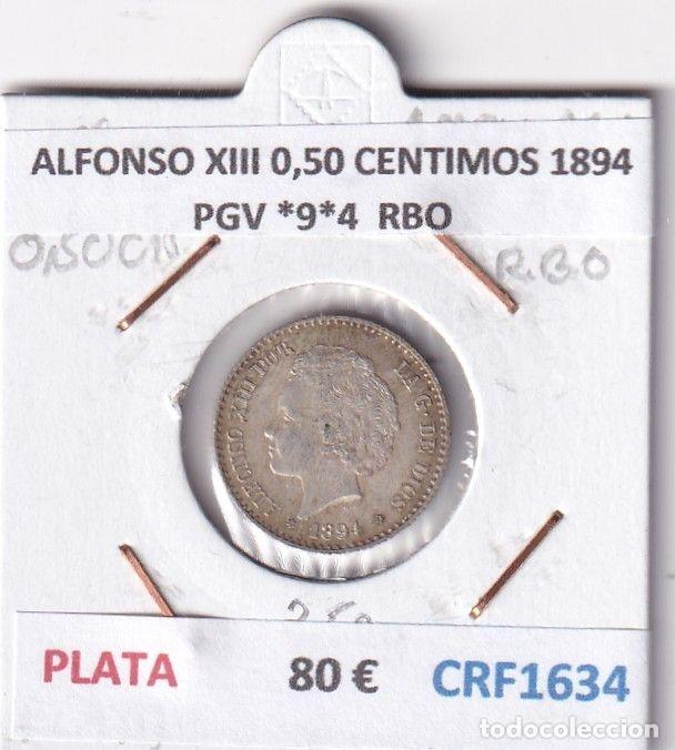 Moedas de Espanha: CRF1634 MONEDA ESPA&Ntilde;A ALFONSO XIII 0,50 CENTIMOS 1894 PGV *9*4 PLATA RESTOS BRILLO ORIGINAL