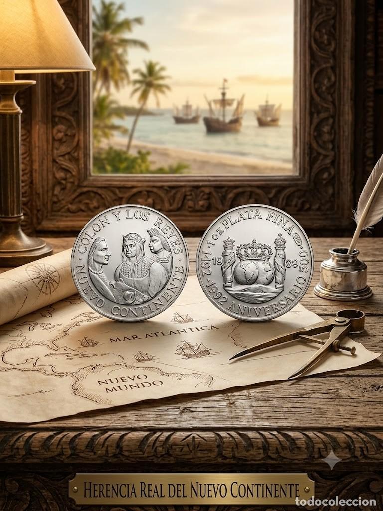 M&uuml;nzen von Spanien: Moneda una onza plata 500 aniversario 1492 - 1992 Nuevo Continente Col&oacute;n y los Reyes Cat&oacute;licos