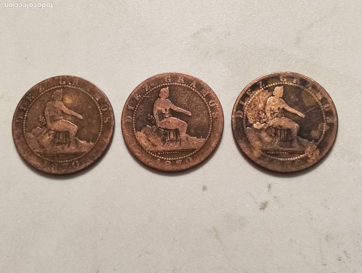 Monedas de Espa&ntilde;a: 3 MONEDAS DIEZ CENTIMOS, A&Ntilde;O 1870, GOBIERNO PROVISIONAL, COBRE