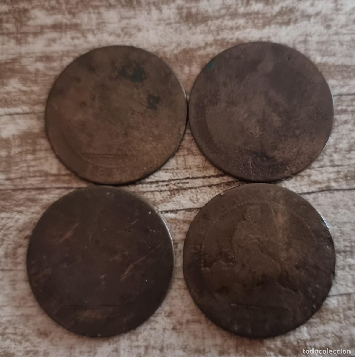 Coins of Spain: 4 monedas Espa&ntilde;olas de 10 c&eacute;ntimos del a&ntilde;o 1870 Monedas de cobre