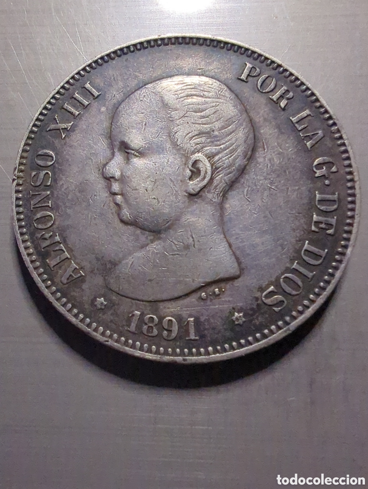 Monete da Spagna: Alfonso XII 5 pesetas 1891*91 plata