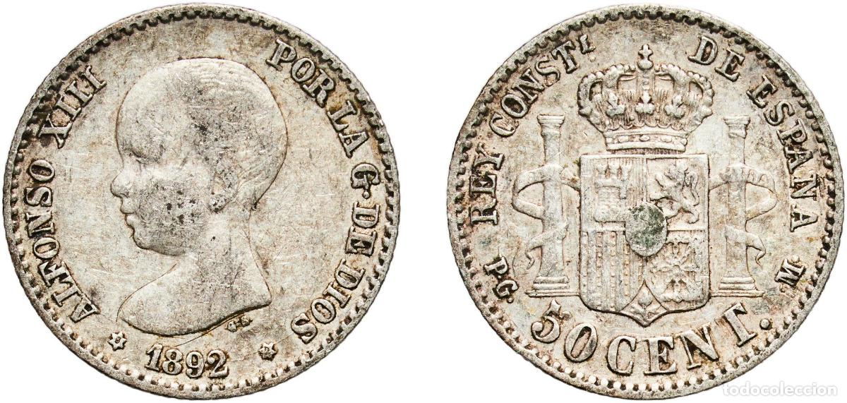 Monedas de Espa&ntilde;a: Spain Kingdom 1892 9-2 PGM 50 Centimos - Alfonso XIII (1st portrait) Silver (.835) Madrid Mint (39