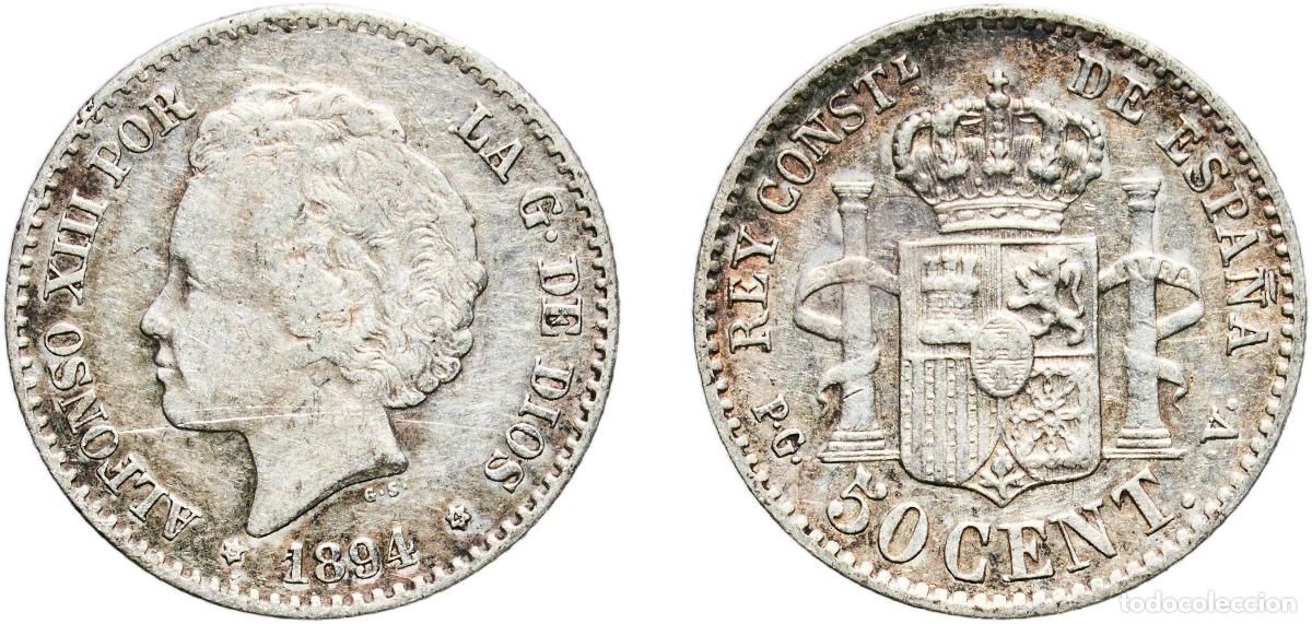 Monedas de Espa&ntilde;a: Spain Kingdom 1894 9-4 PGV 50 Centimos - Alfonso XIII (2nd portrait) Silver (.835) Madrid Mint (11