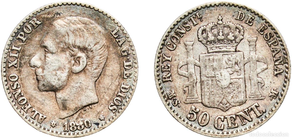 Monedas de Espa&ntilde;a: Spain Kingdom 1880 8-0 MSM 50 Centimos - Alfonso XII Silver (.835) Madrid Mint (2787000) 2.45g VF