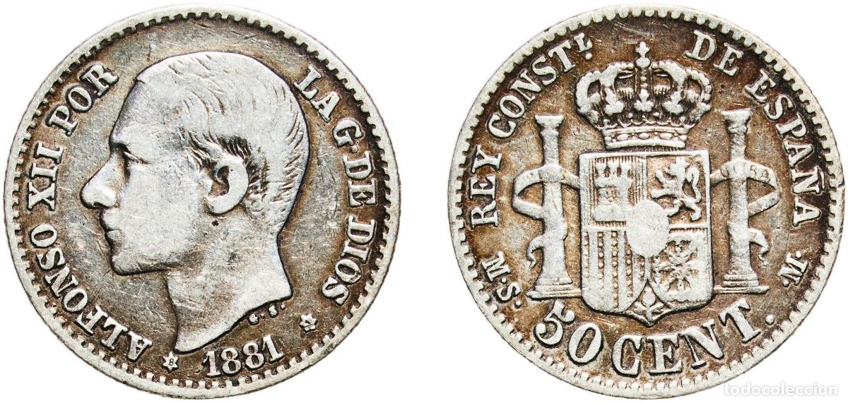 Monedas de Espa&ntilde;a: Spain Kingdom 1881 8-1 MSM 50 Centimos - Alfonso XII Silver (.835) Madrid Mint (5647000) 2.48g VF
