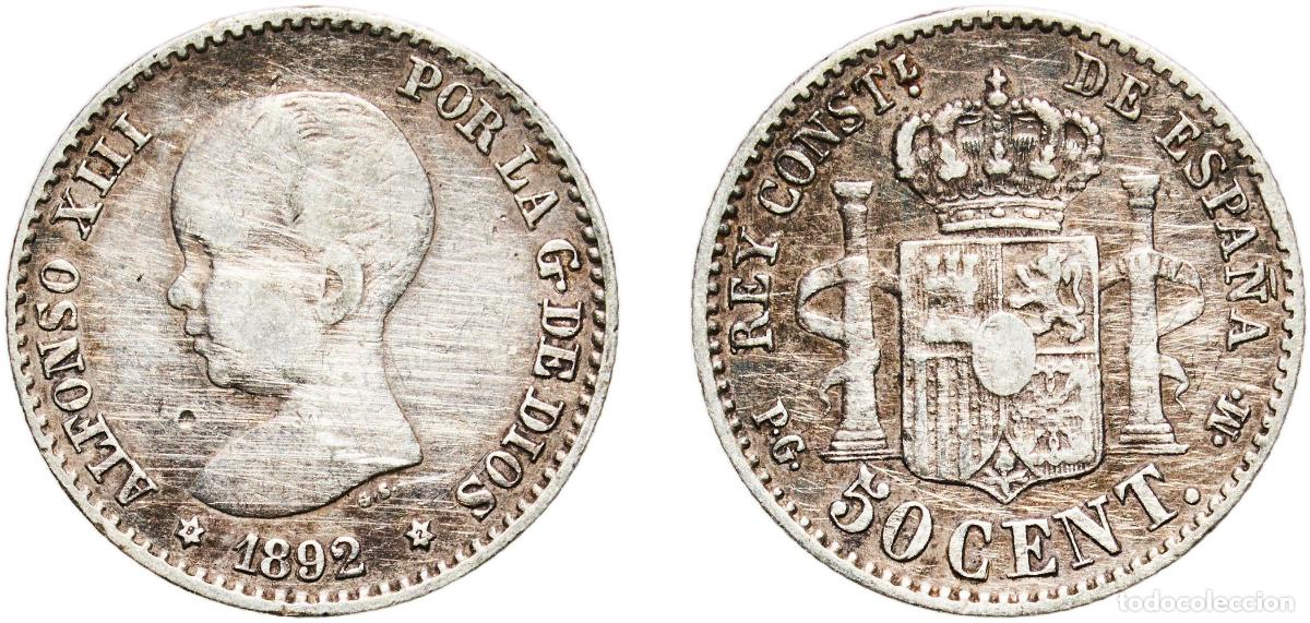 Monedas de Espa&ntilde;a: Spain Kingdom 1892 9-2 PGM 50 Centimos - Alfonso XIII (1st portrait) Silver (.835) Madrid Mint (39