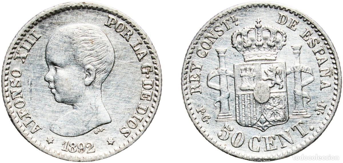 Monedas de Espa&ntilde;a: Spain Kingdom 1892 9-2 PGM 50 Centimos - Alfonso XIII (1st portrait) Silver (.835) Madrid Mint (39