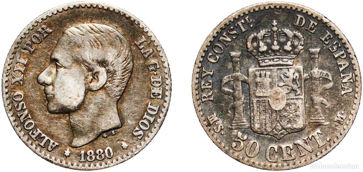 Monedas de Espa&ntilde;a: Spain Kingdom 1880 MSM 50 Centimos - Alfonso XII Silver (.835) Madrid Mint (2787000) 2.39g VF Cal 6
