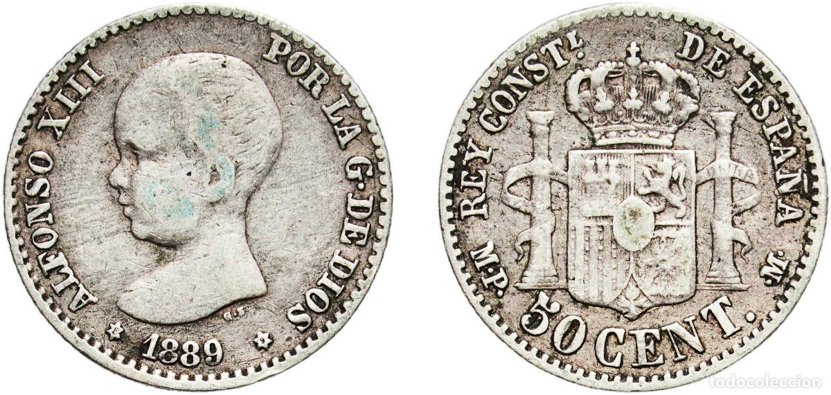 Monedas de Espa&ntilde;a: Spain Kingdom 1889 8-9 MPM 50 Centimos - Alfonso XIII (1st portrait) Silver (.835) Madrid Mint (53