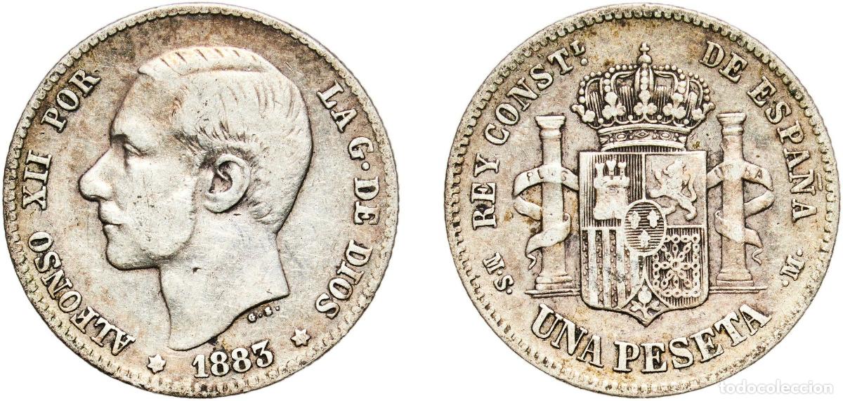 Monedas de Espa&ntilde;a: Spain Kingdom 1883 18-83 MSM 1 Peseta - Alfonso XII (2nd portrait) Silver (.835) Madrid Mint (8445