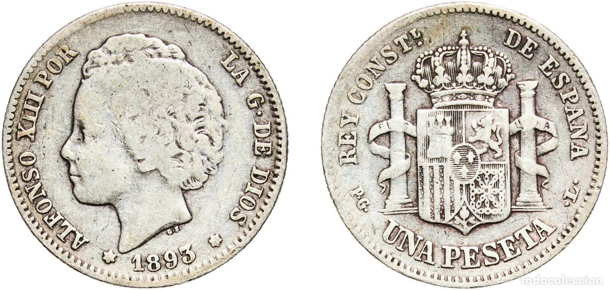 Monedas de Espa&ntilde;a: Spain Kingdom 1893 PGL 1 Peseta - Alfonso XIII (2nd portrait) Silver (.835) Madrid Mint (1958000) 4