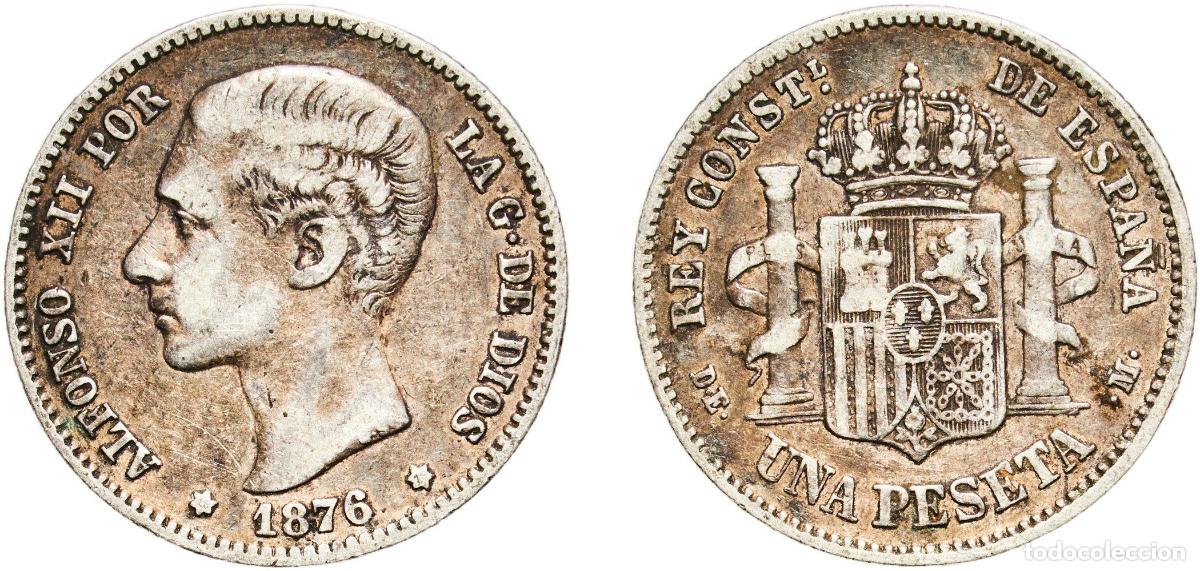 Monedas de Espa&ntilde;a: Spain Kingdom 1876 18-76 DEM 1 Peseta - Alfonso XII (1st portrait) Silver (.835) Madrid Mint (4427