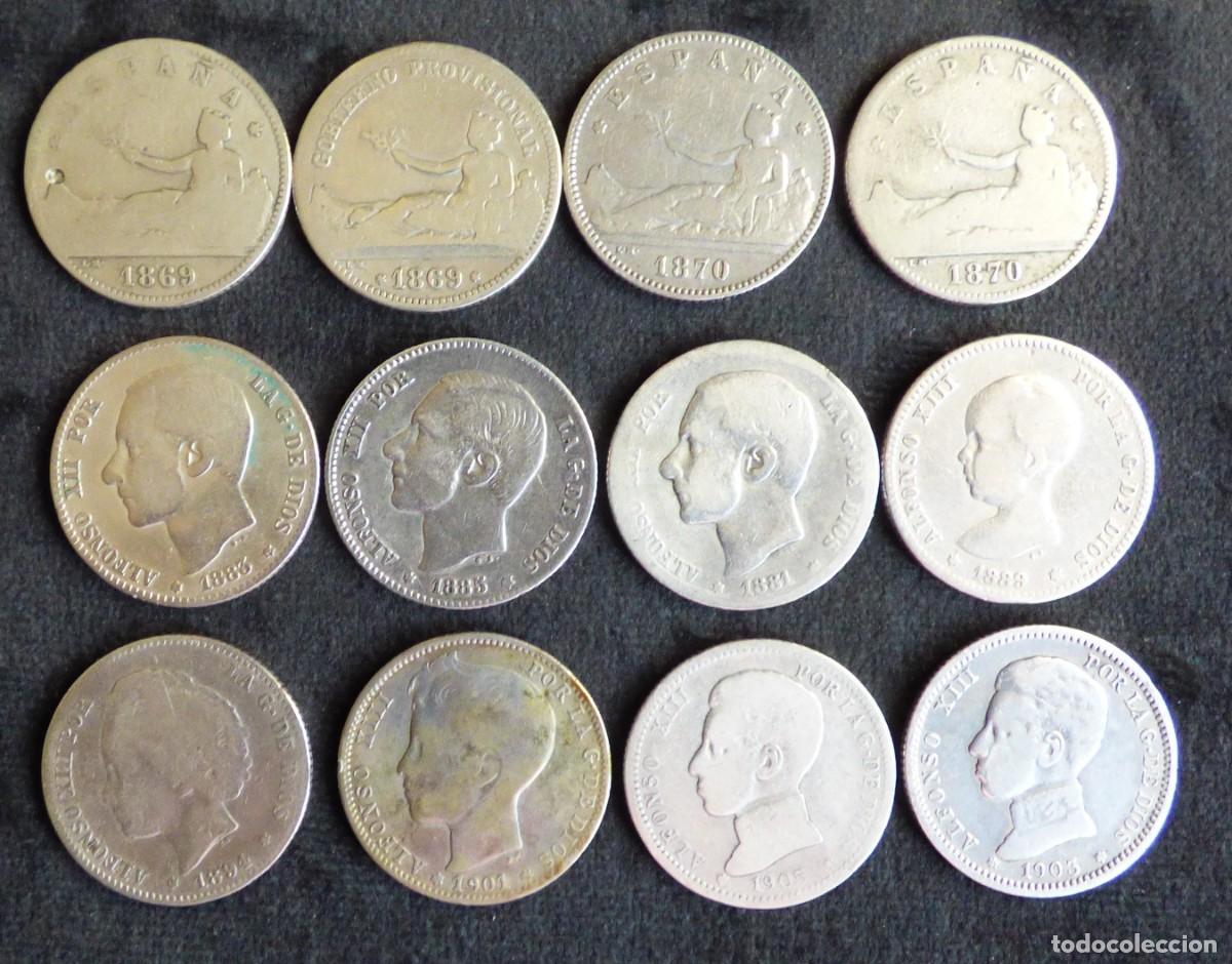 Monedas de Espa&ntilde;a: 12 MONEDAS 1 PESETA DE 1869 A 1905 GOBIERNO PROVISIONAL ALFONSO XII Y XIII