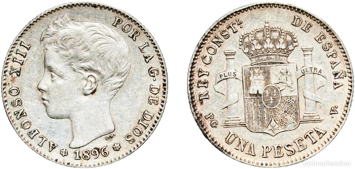 Monedas de Espa&ntilde;a: Spain Kingdom 1896 18-96 PGV 1 Peseta - Alfonso XIII (3rd portrait) Silver (.835) Madrid Mint (641