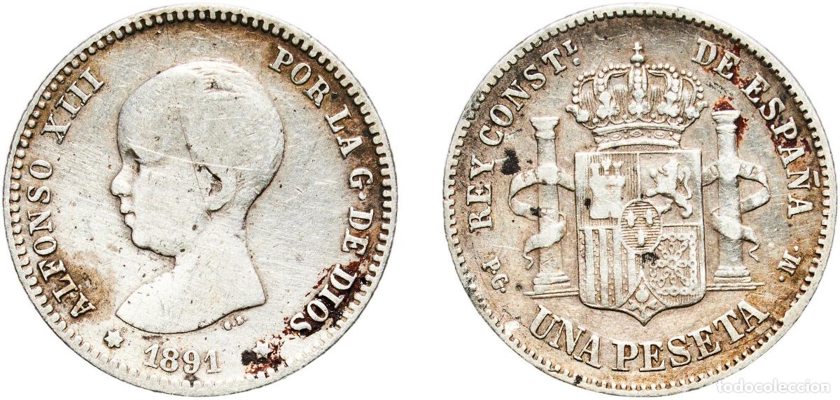 Monedas de Espa&ntilde;a: Spain Kingdom 1891 PGM 1 Peseta - Alfonso XIII (1st portrait) Silver (.835) Madrid Mint (4948225) 4