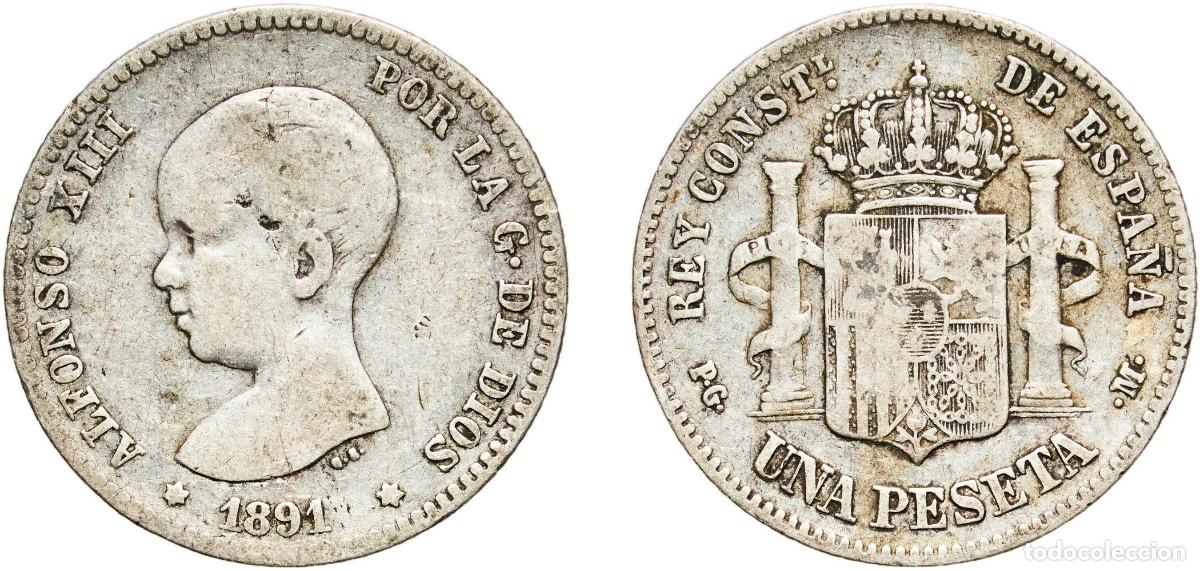 Monedas de Espa&ntilde;a: Spain Kingdom 1891 PGM 1 Peseta - Alfonso XIII (1st portrait) Silver (.835) Madrid Mint (4948225) 4