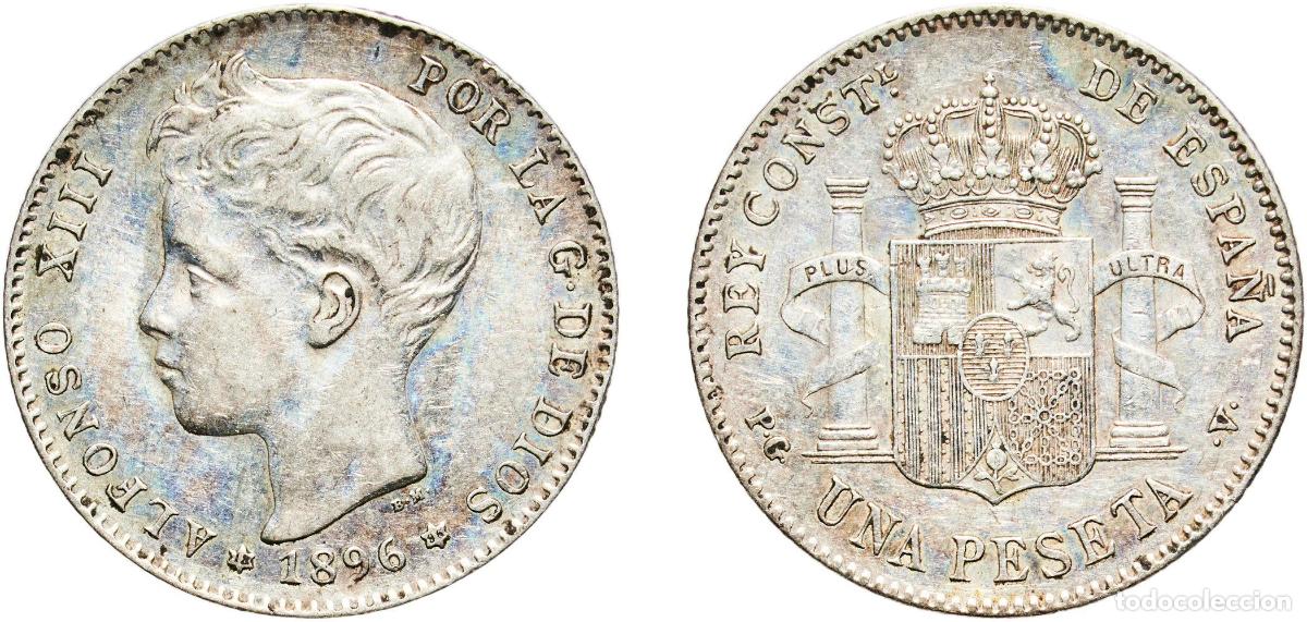 Monedas de Espa&ntilde;a: Spain Kingdom 1896 18-96 PGV 1 Peseta - Alfonso XIII (3rd portrait) Silver (.835) Madrid Mint (641