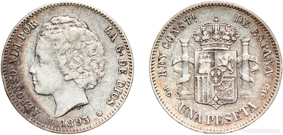 Monedas de Espa&ntilde;a: Spain Kingdom 1893 18-93 PGL 1 Peseta - Alfonso XIII (2nd portrait) Silver (.835) Madrid Mint (195