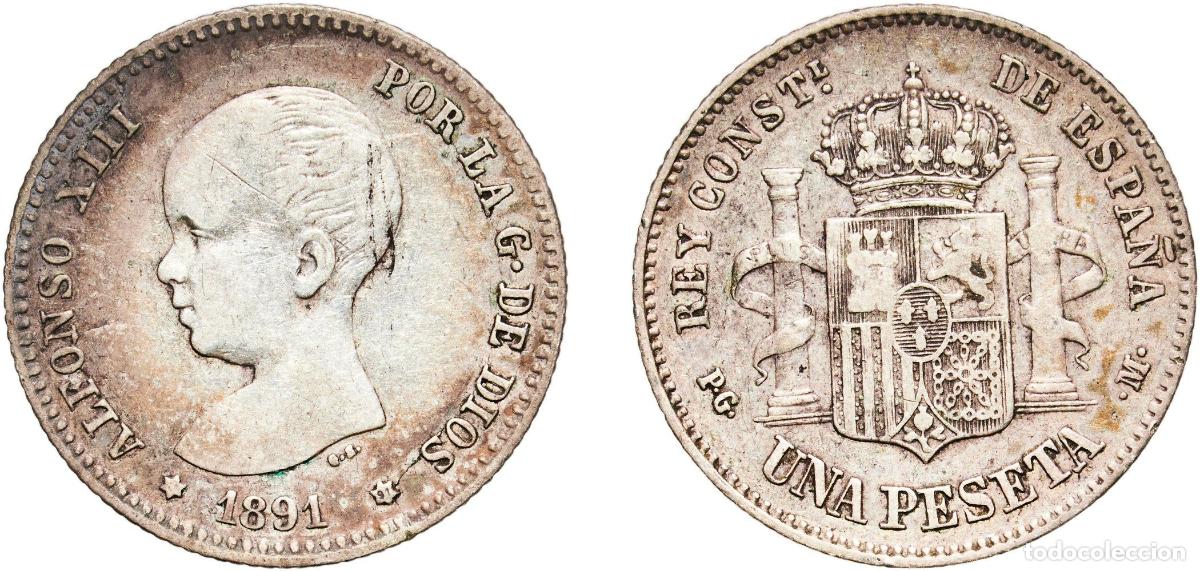 Monedas de Espa&ntilde;a: Spain Kingdom 1891 ??-91 PGM 1 Peseta - Alfonso XIII (1st portrait) Silver (.835) Madrid Mint (494