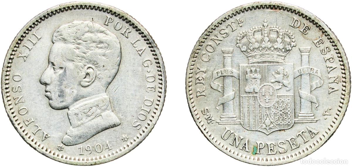 Monedas de Espa&ntilde;a: Spain kingdom 1904 19-04 SMV 1 Peseta - Alfonso XIII (4th portrait) Silver (.835) Madrid Mint (529