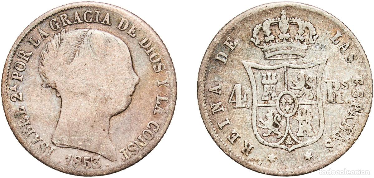 Monedas de Espa&ntilde;a: Spain Kingdom 1853 4 Reales - Isabel II Silver (.900) Madrid Mint 5g VF KM 600.2 Cal 300 Aureo 458