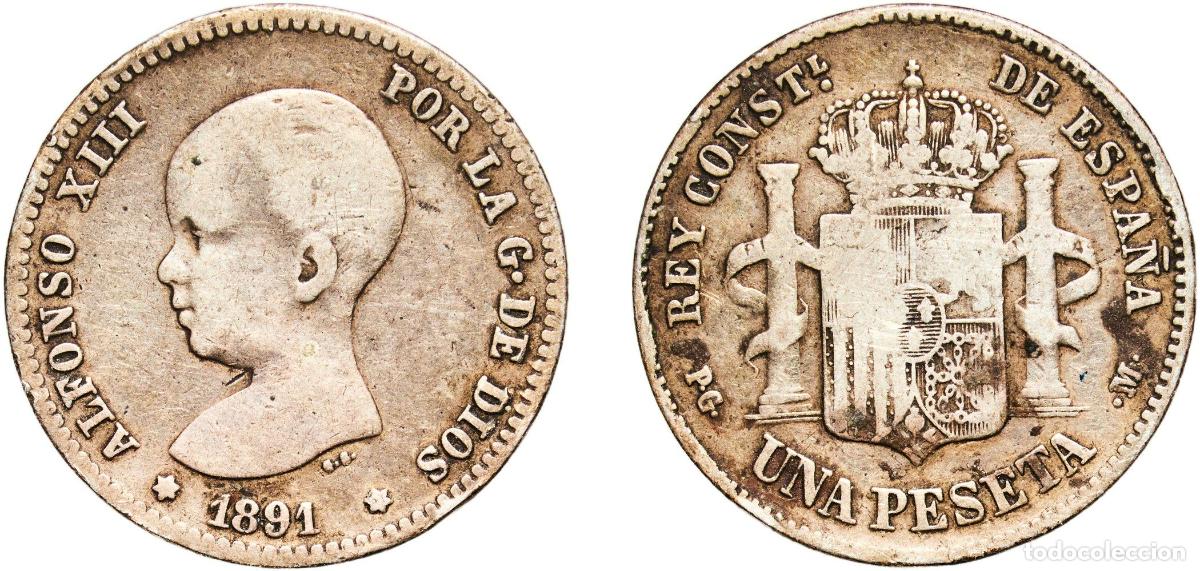 Monedas de Espa&ntilde;a: Spain Kingdom 1891 PGM 1 Peseta - Alfonso XIII (1st portrait) Silver (.835) Madrid Mint (4948225) 4