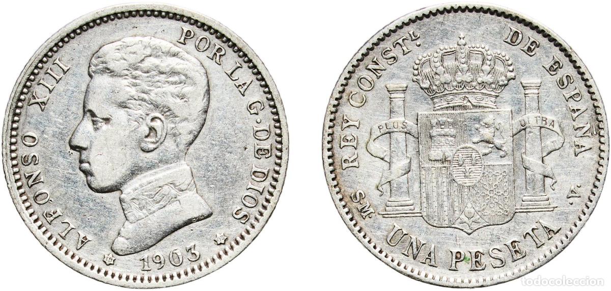 Monedas de Espa&ntilde;a: Spain kingdom 1903 19-03 SMV 1 Peseta - Alfonso XIII (4th portrait) Silver (.835) Madrid Mint (106