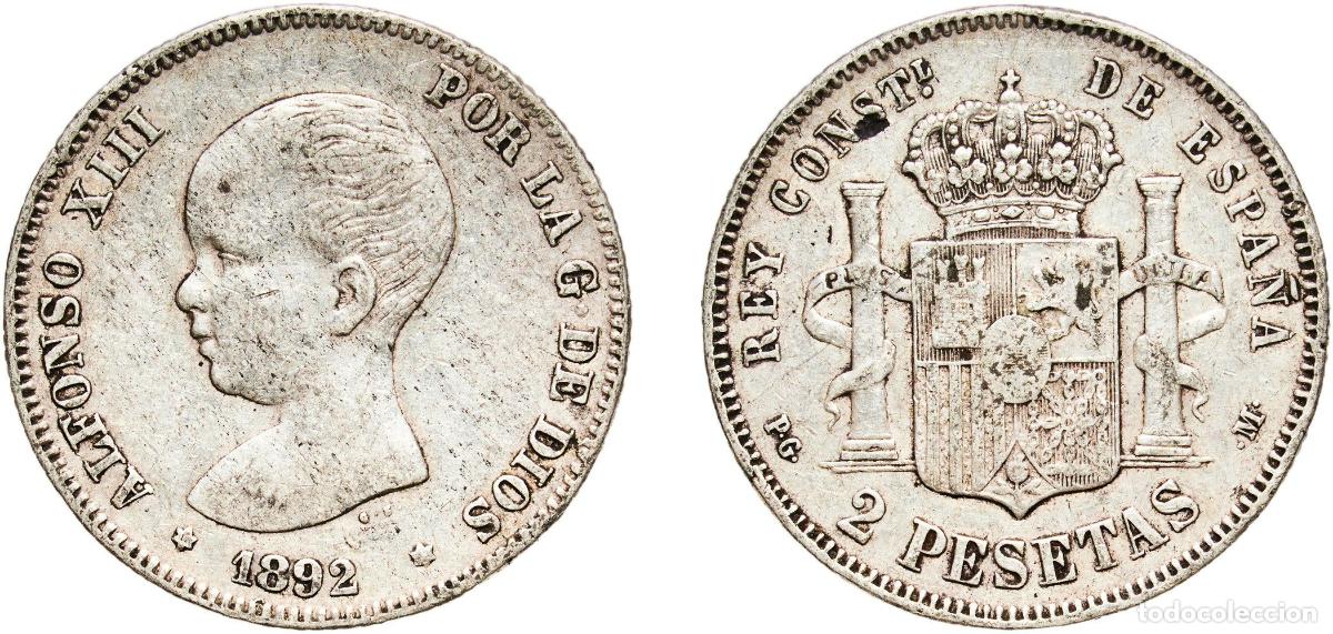 Monedas de Espa&ntilde;a: Spain Kingdom 1892 18-92 PGM 2 Pesetas - Alfonso XIII (1st portrait) Silver (.835) Madrid Mint (13