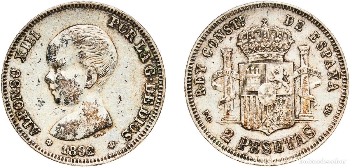 Monedas de Espa&ntilde;a: Spain Kingdom 1892 18-92 PGM 2 Pesetas - Alfonso XIII (1st portrait) Silver (.835) Madrid Mint (13