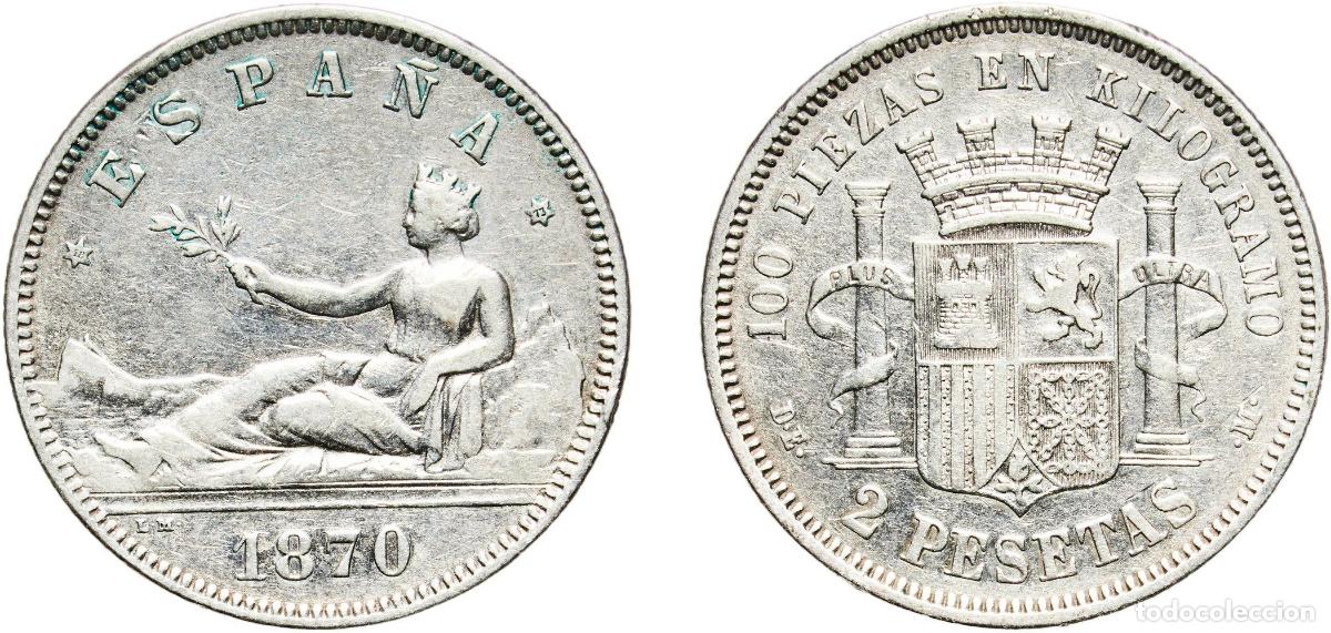 Monedas de Espa&ntilde;a: Spain Provisional Government 1870 18-73 DEM 2 Pesetas - Provisional Government Silver (.835) Madri