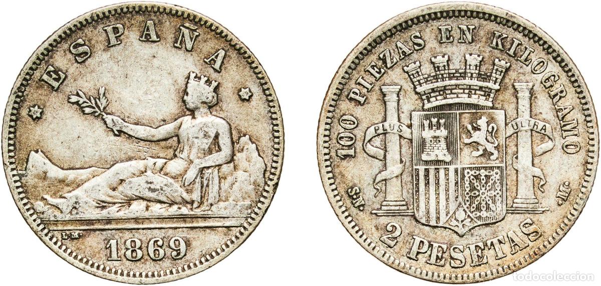 Monedas de Espa&ntilde;a: Spain Provisional Government 1869 18-69 SNM 2 Pesetas - Provisional Government Silver (.835) Madri