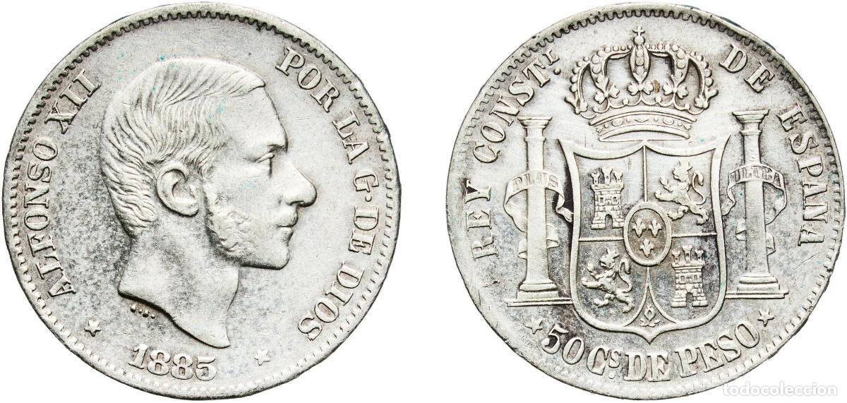 Monedas de Espa&ntilde;a: Philippines kingdom 1885 50 Centavos - Alfonso XII Silver (.835) Manila Mint (22721818) 13g XF KM