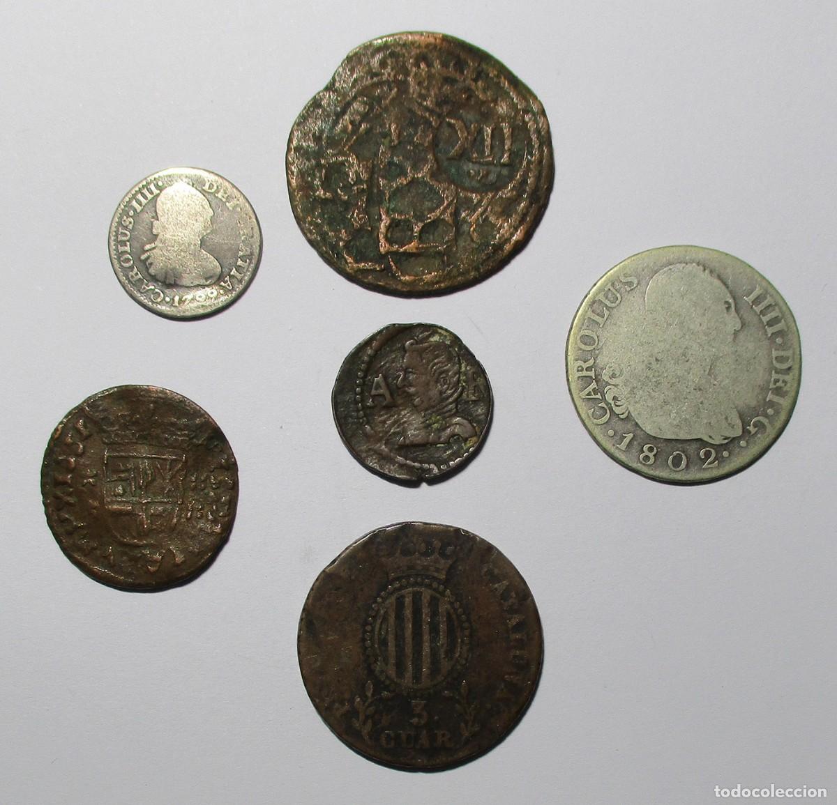 Monedas de Espa&ntilde;a: CONJUNTO 6 MONEDAS ESPA&Ntilde;OLAS ANTIGUAS EN PLATA Y COBRE DE FELIPE IV, CARLOS IV E ISABEL II LOTE 5733