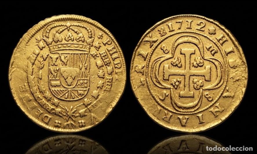 Monedas de Espa&ntilde;a: Espa&ntilde;a Felipe V - 8 Escudos Tipo Cruz 1712 Sevilla 8M/S8 Oro