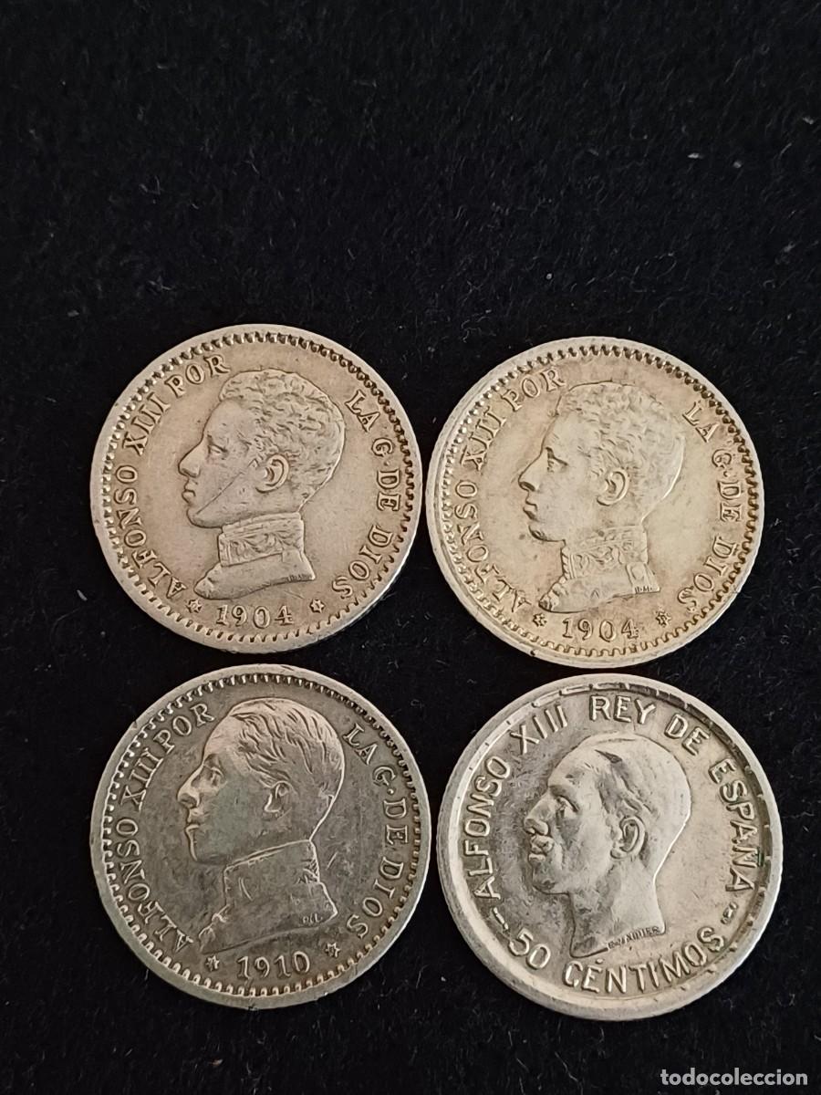 Monedas de Espa&ntilde;a: LOTE DE CUATRO MONEDAS DE PLATA DE 50 C&Eacute;NTIMOS ALFONSO XIII A&Ntilde;OS 1904 (SMV), 1904 (PCV) 1910 Y 1926