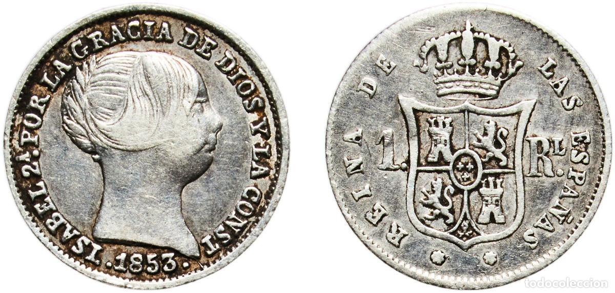 Monedas de Espa&ntilde;a: Spain Kingdom 1853 1 Real - Isabel II Silver (.900) Seville Mint 1.24g VF KM 598.3 Cal 435 Aureo 32