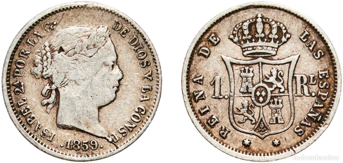 Monedas de Espa&ntilde;a: Spain Kingdom 1859 1 Real - Isabel II Silver (.900) Madrid Mint 1.29g VF KM 606.2 Cal 421 Aureo 308
