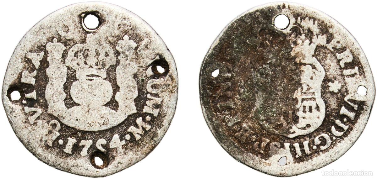 Monedas de Espa&ntilde;a: Mexico Spanish colony 1754 Mo &frac12; Real - Fernando VI Silver (.917) Mexican Mint 1.41g F Holed KM 67.1
