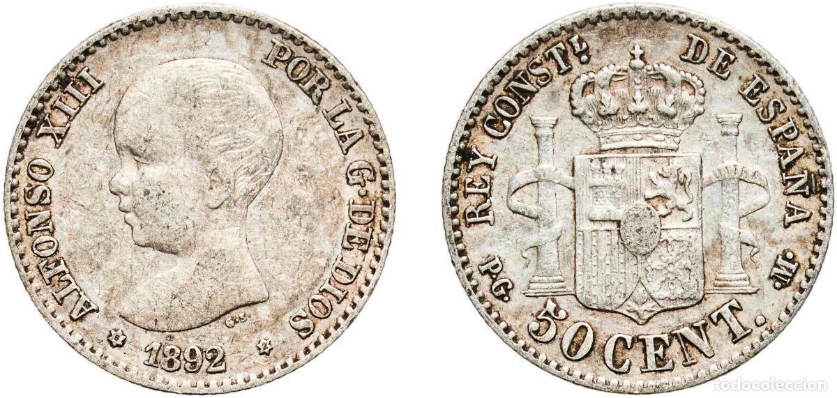 Monedas de Espa&ntilde;a: Spain Kingdom 1892 18-92 PGM 50 Centimos - Alfonso XIII (1st portrait) Silver (.835) Madrid Mint (