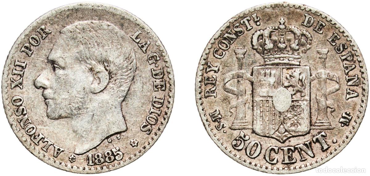 Monedas de Espa&ntilde;a: Spain Kingdom 1885 18-86 MSM 50 Centimos - Alfonso XII Silver (.835) Madrid Mint 2.44g VF KM 685
