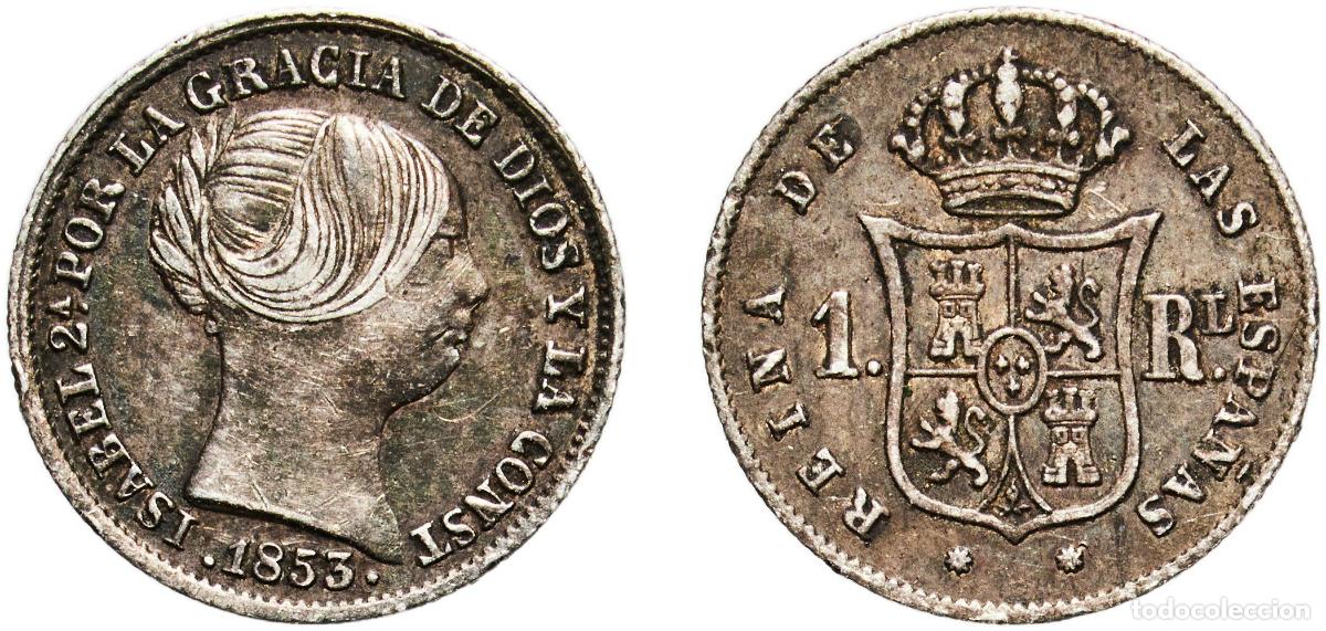 Monedas de Espa&ntilde;a: Spain Kingdom 1853 1 Real - Isabel II Slight patina Silver (.900) Barcelona Mint 1.3g XF KM 598.1 C
