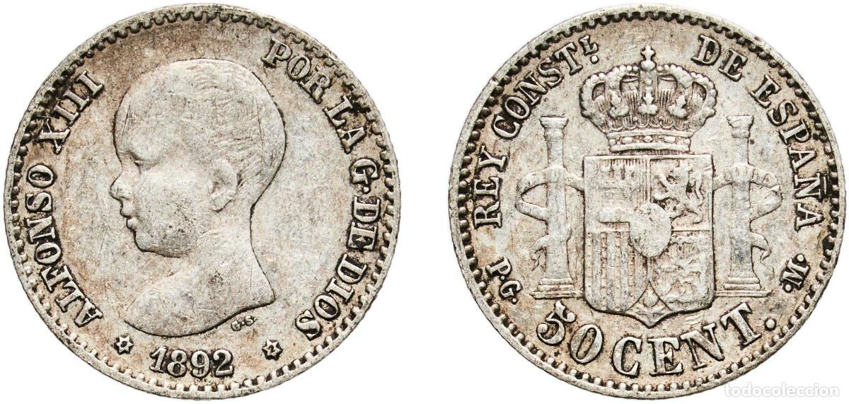 Monedas de Espa&ntilde;a: Spain Kingdom 1892 9-2 PGM 50 Centimos - Alfonso XIII (1st portrait) Silver (.835) Madrid Mint (39